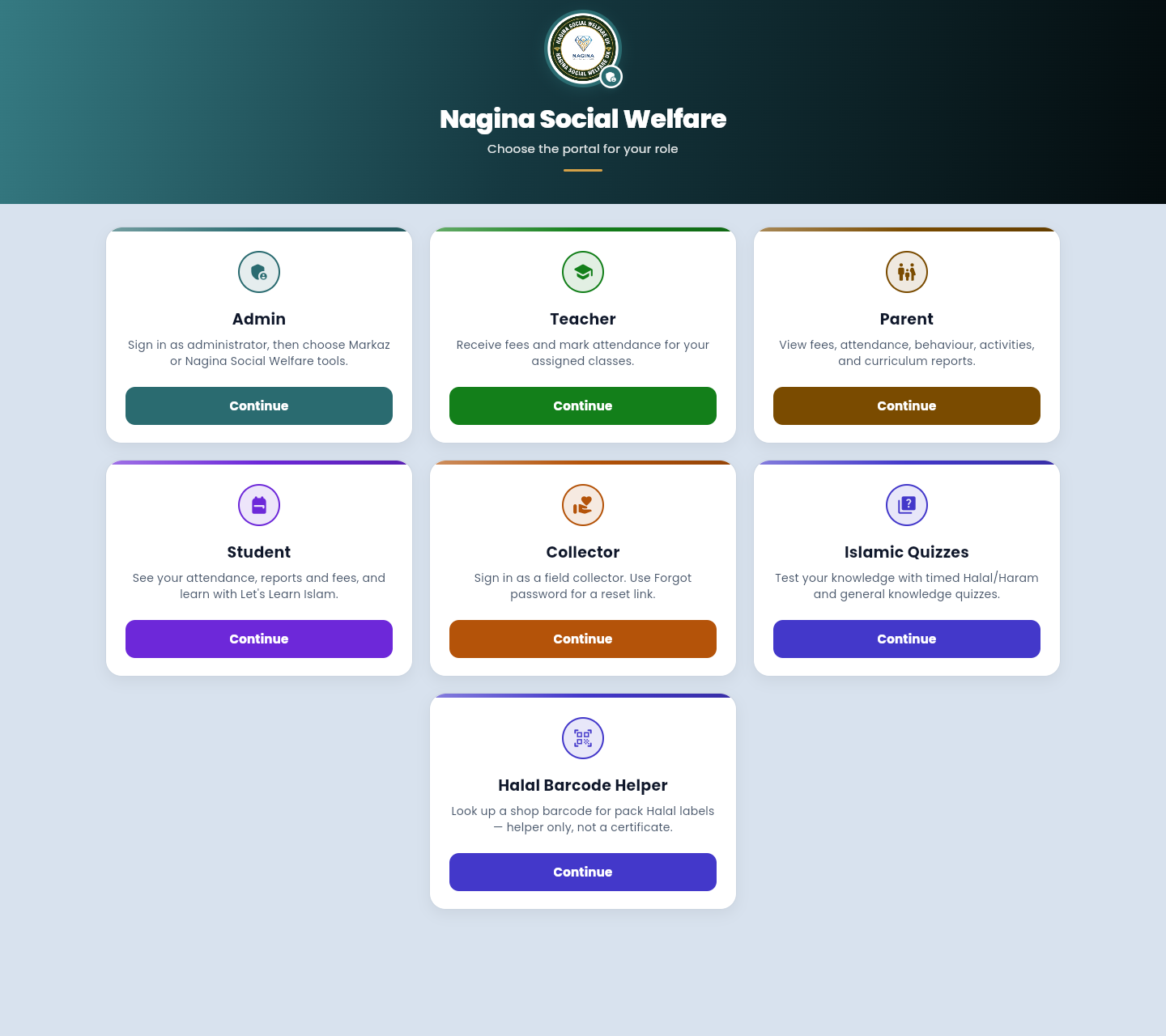 Portal chooser with Admin, Teacher, Parent, Student, Collector, Islamic Quizzes, and Halal Barcode Helper cards.