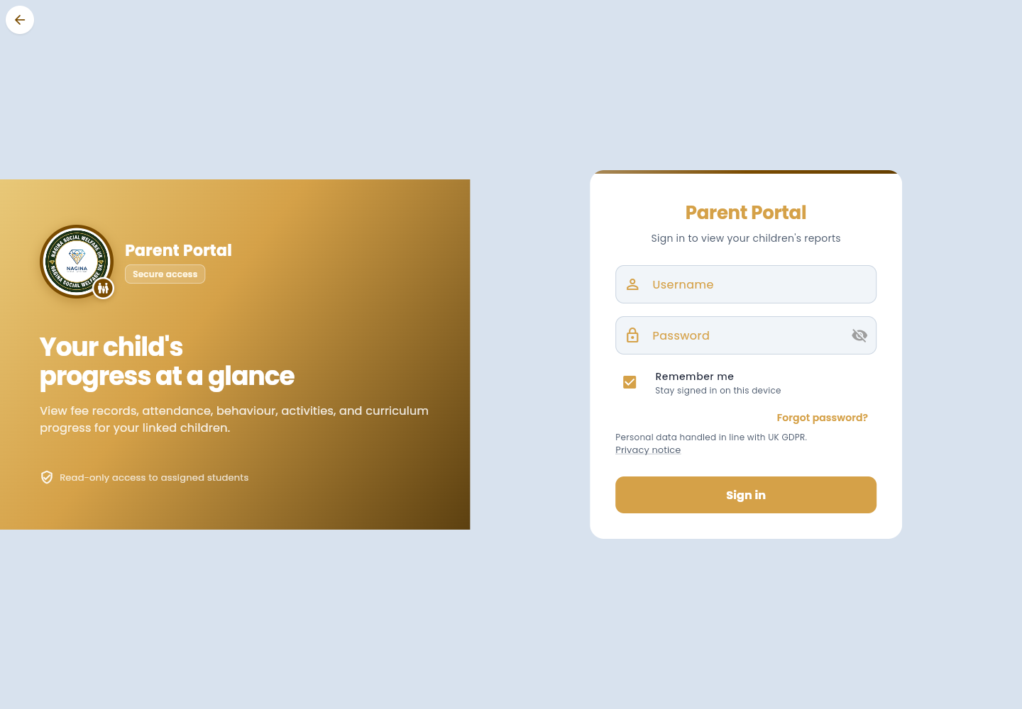 Parent Portal sign-in card with username, password, Remember me, Forgot password, and Sign in.