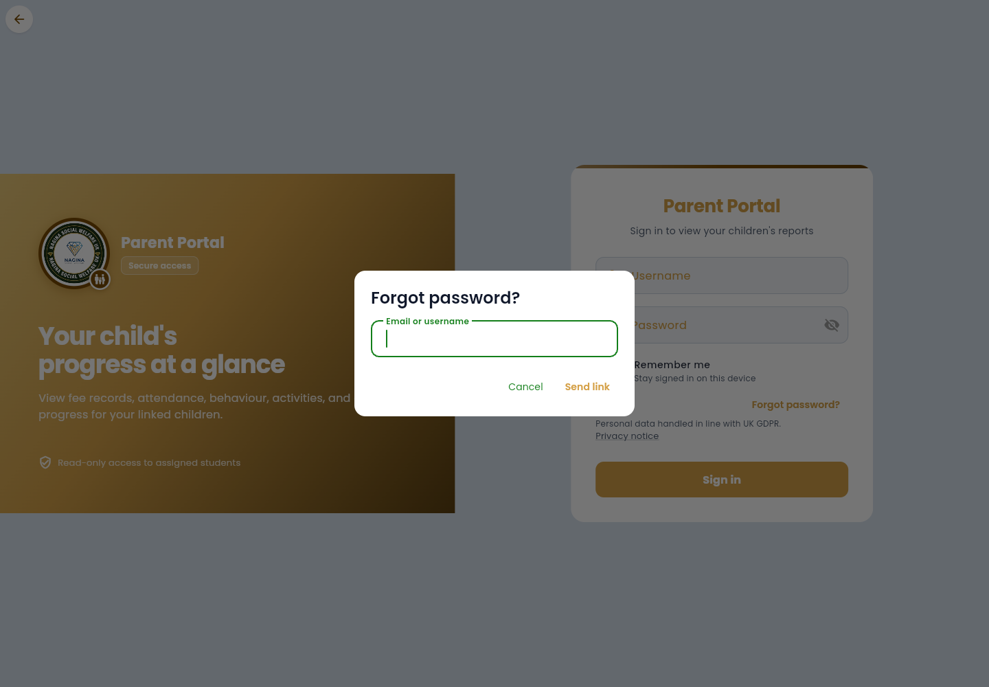 Forgot password dialog asking for email or username, with Cancel and Send link.