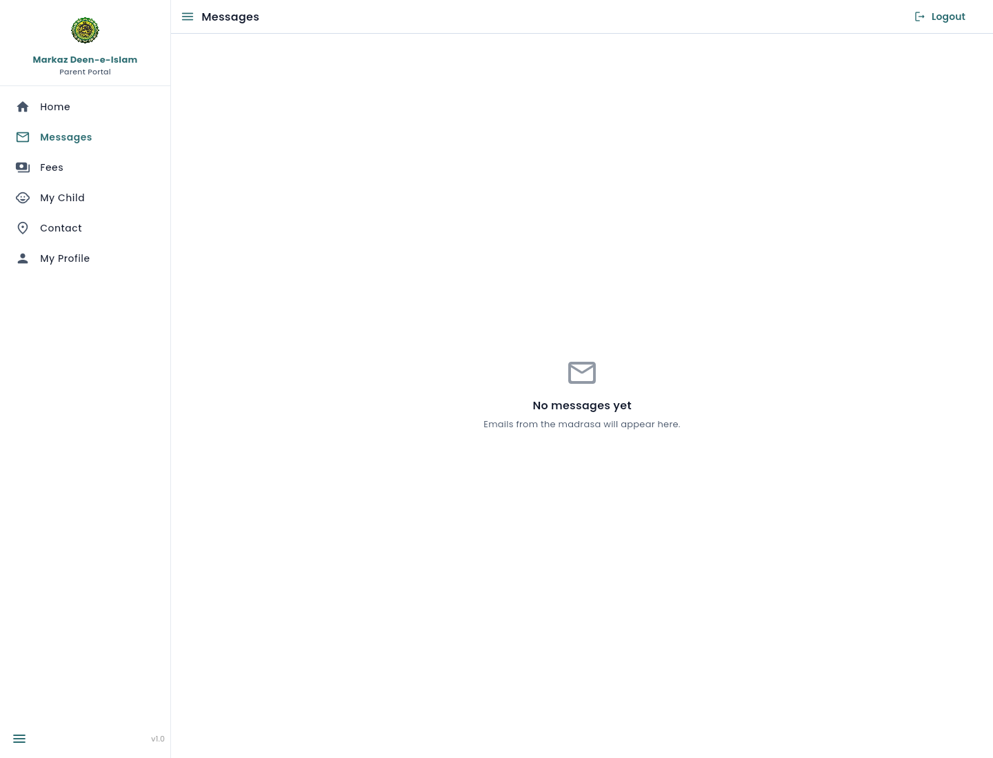Messages page with an empty state: emails from the madrasa will appear here.