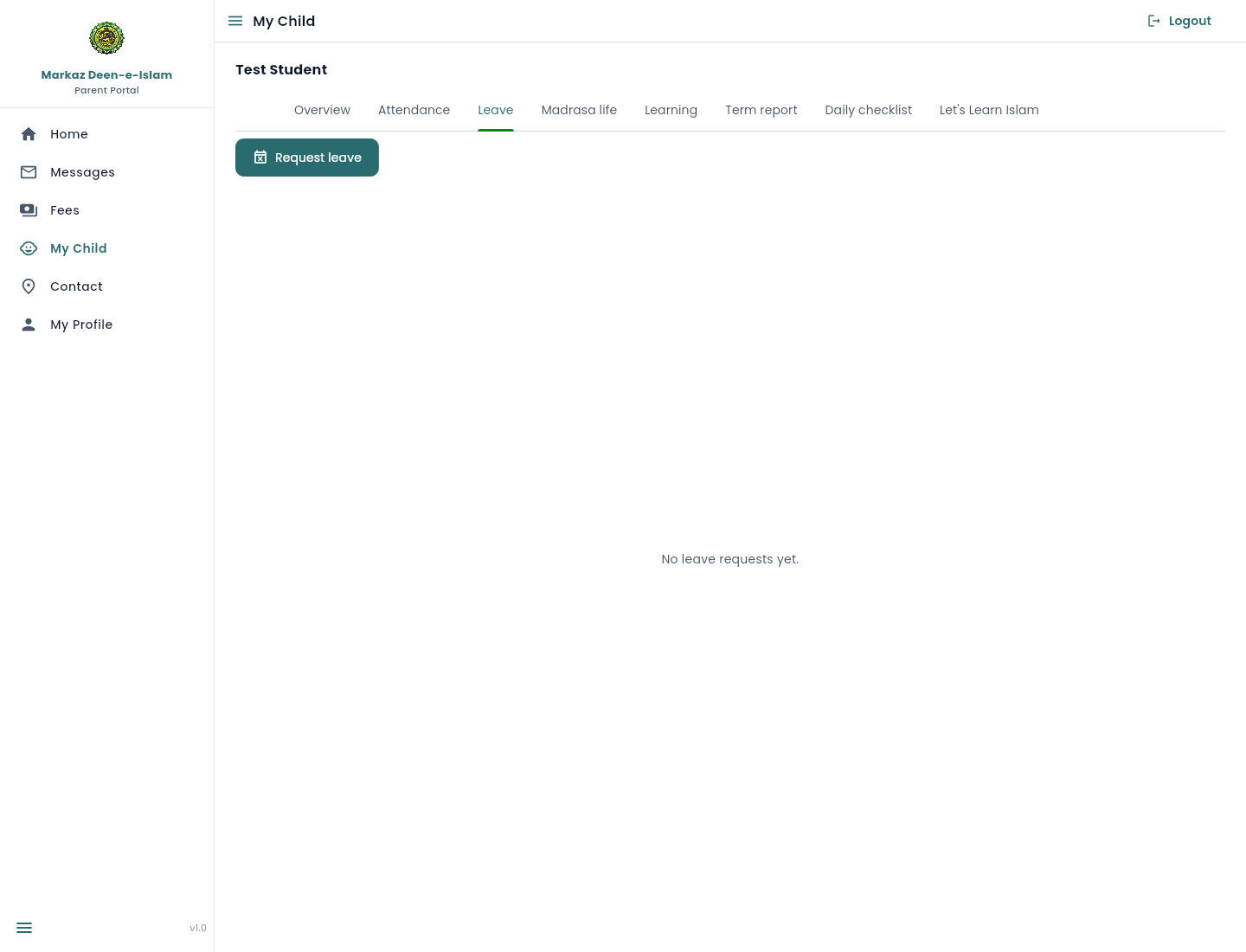 Leave tab with a Request leave button and the text No leave requests yet.