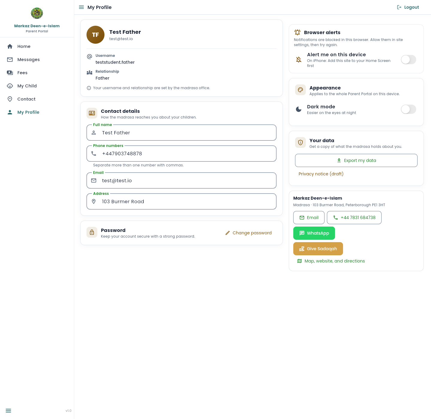 My Profile with name, email, read-only username and relationship, contact details, Change password, browser alerts, dark mode, and Export my data.
