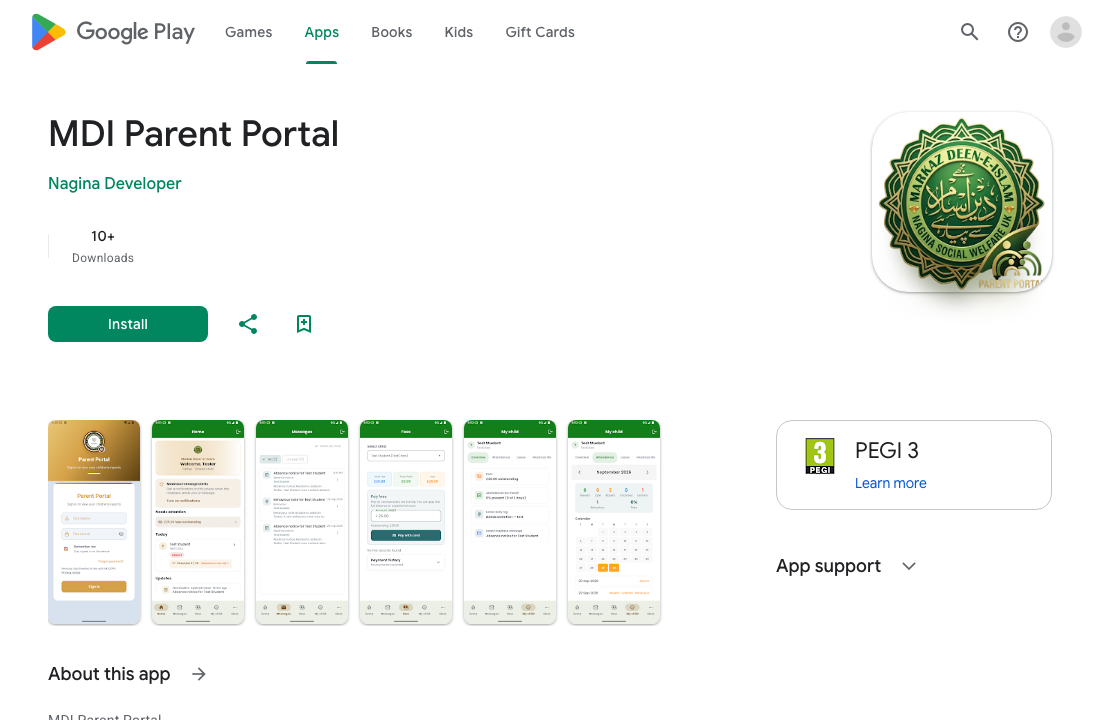 Google Play listing for MDI Parent Portal by Nagina Developer, with the Markaz crest, an Install button, and app screenshots.