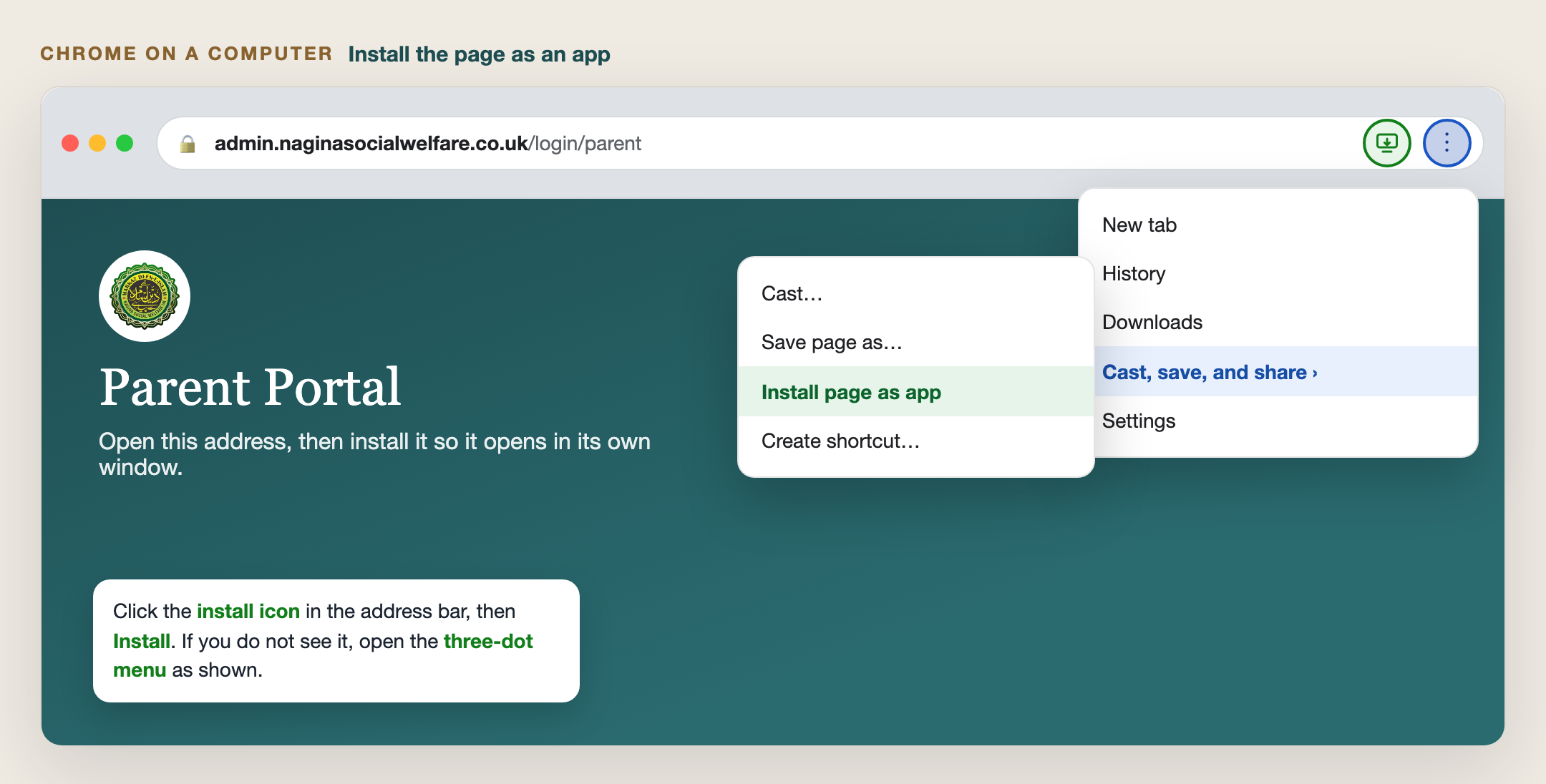 Guide to Chrome on a computer: install icon in the address bar, and the menu path Cast, save, and share, then Install page as app.