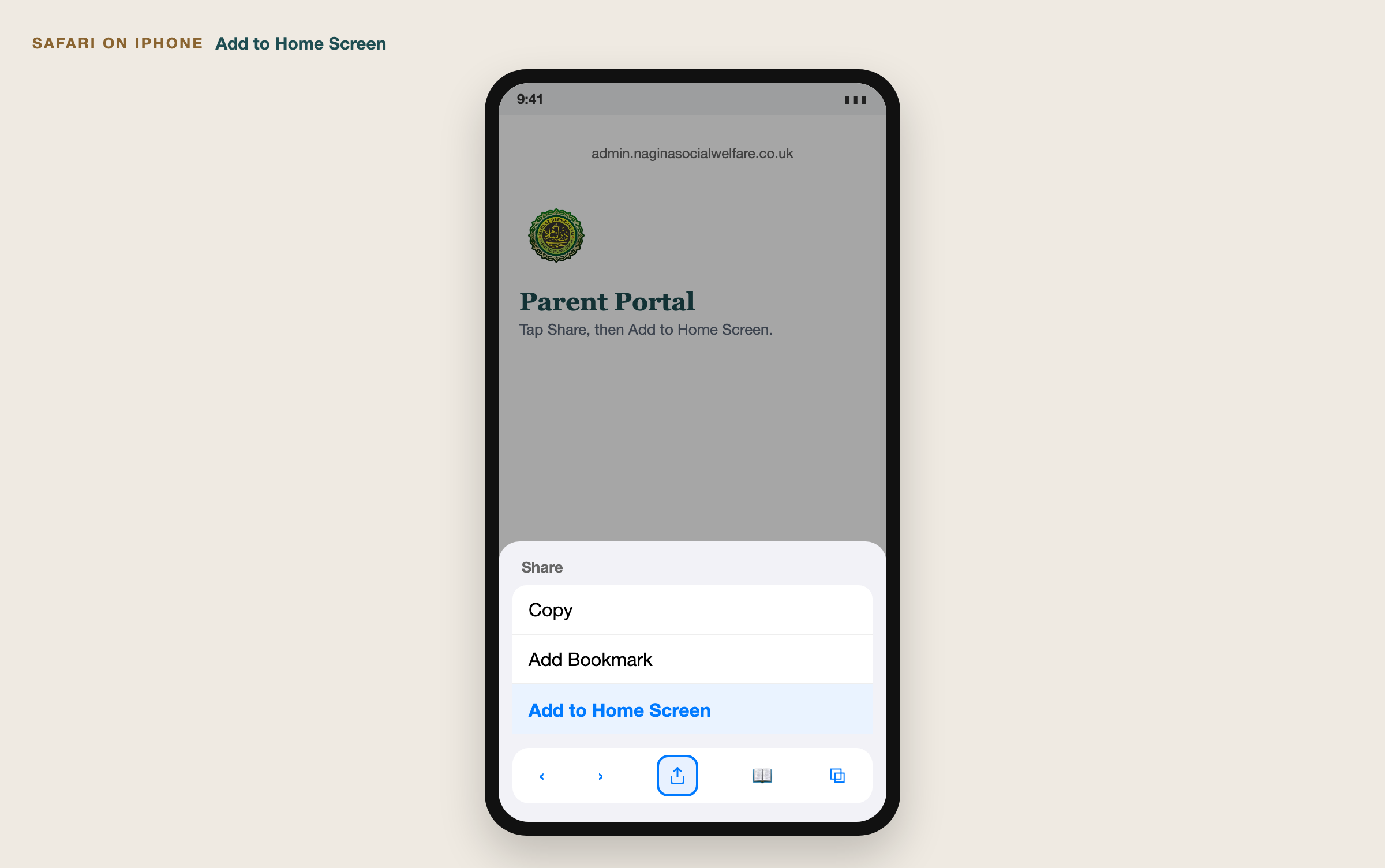 Guide to Safari on iPhone with Add to Home Screen highlighted in the share sheet.