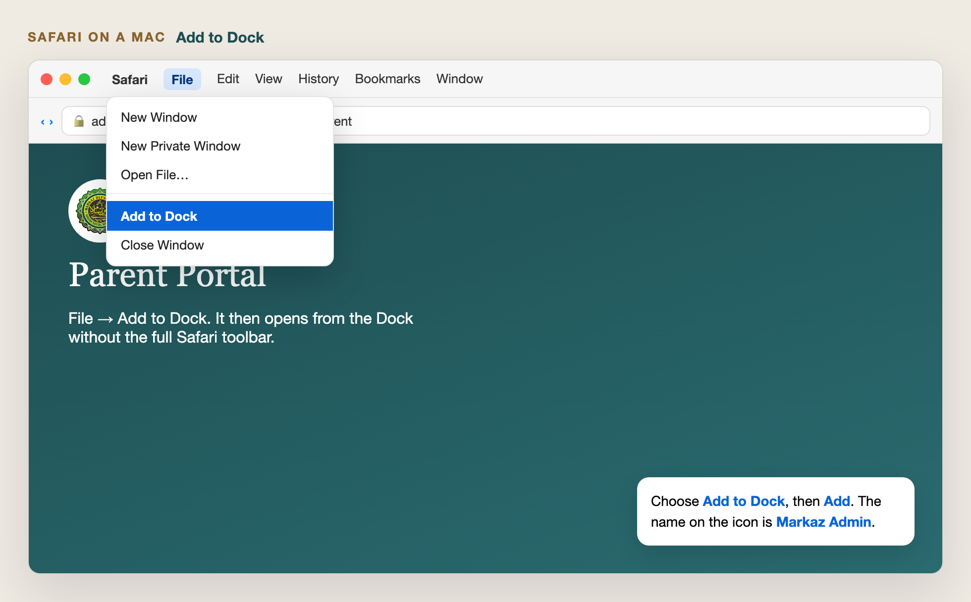 Guide to Safari on a Mac with the File menu open and Add to Dock highlighted.