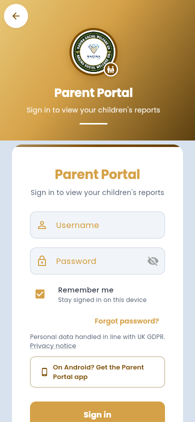 Parent web portal sign-in on an Android phone with the link On Android? Get the Parent Portal app.