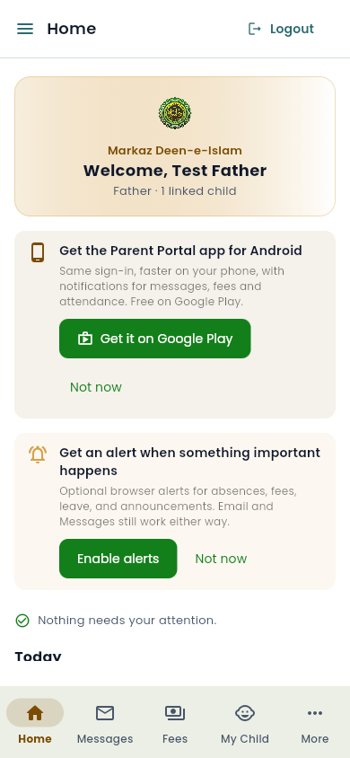 Parent web portal Home on an Android phone with the card Get the Parent Portal app for Android and a Get it on Google Play button.