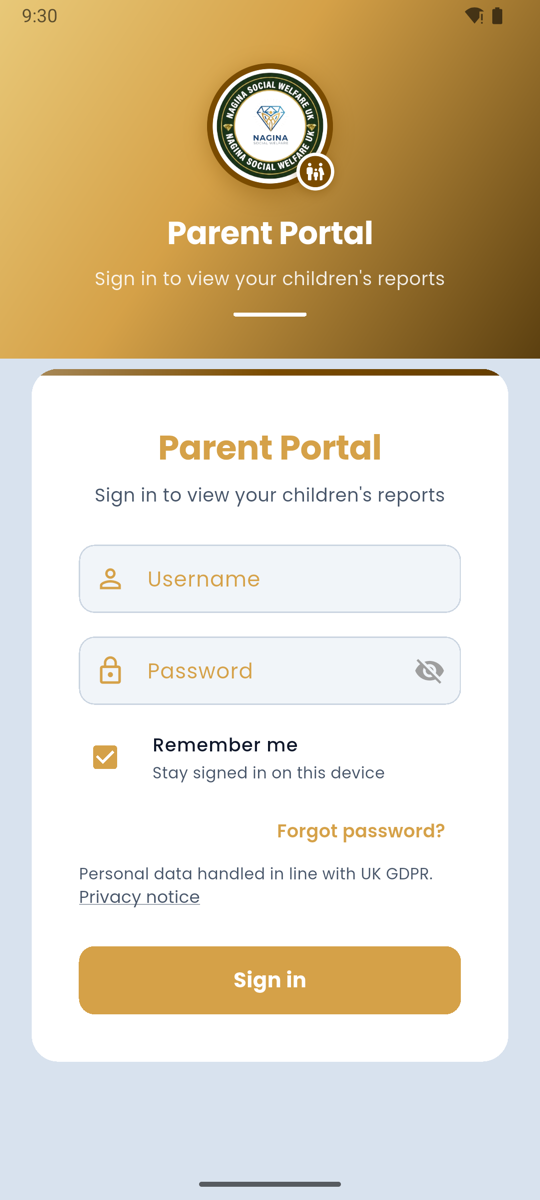 Android app sign-in screen with username, password, Remember me ticked, Forgot password, and Sign in.