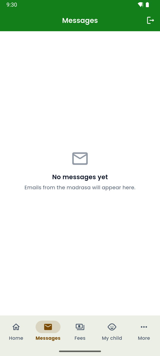 Android app Messages page, empty: emails from the madrasa will appear here.