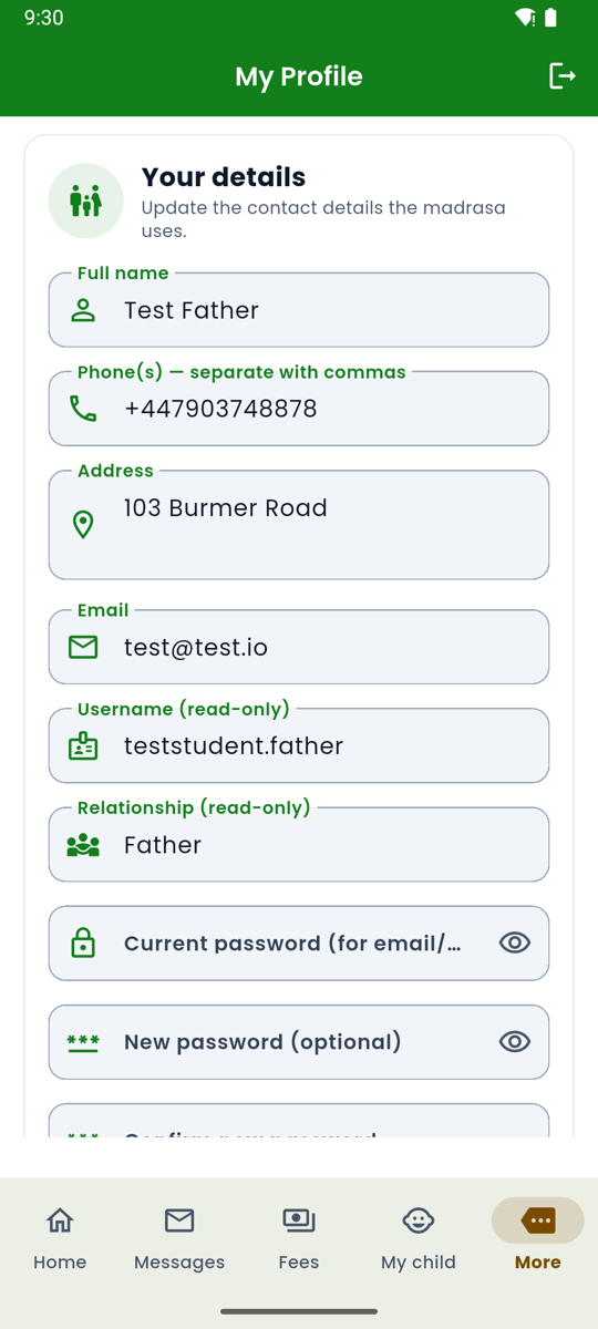 Android app My Profile with full name, phones, address, email, read-only username and relationship, and password fields.