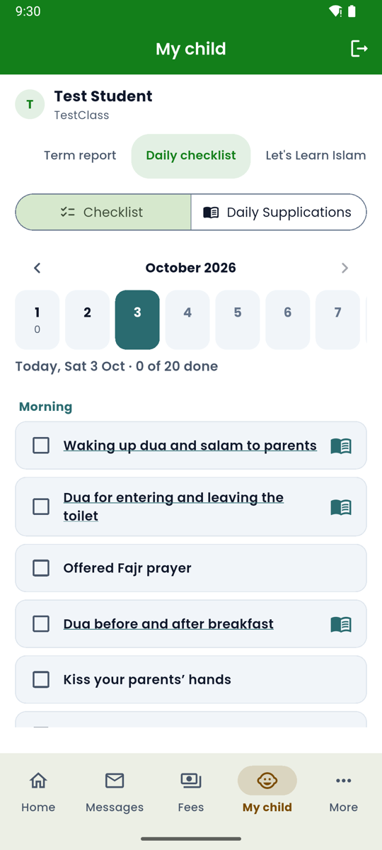 Android app Daily checklist tab for Saturday 3 October with the morning items and Daily Supplications.