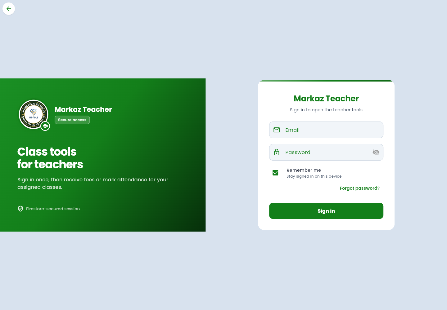 Markaz Teacher sign-in card with email, password, remember me, forgot password, and Sign in.