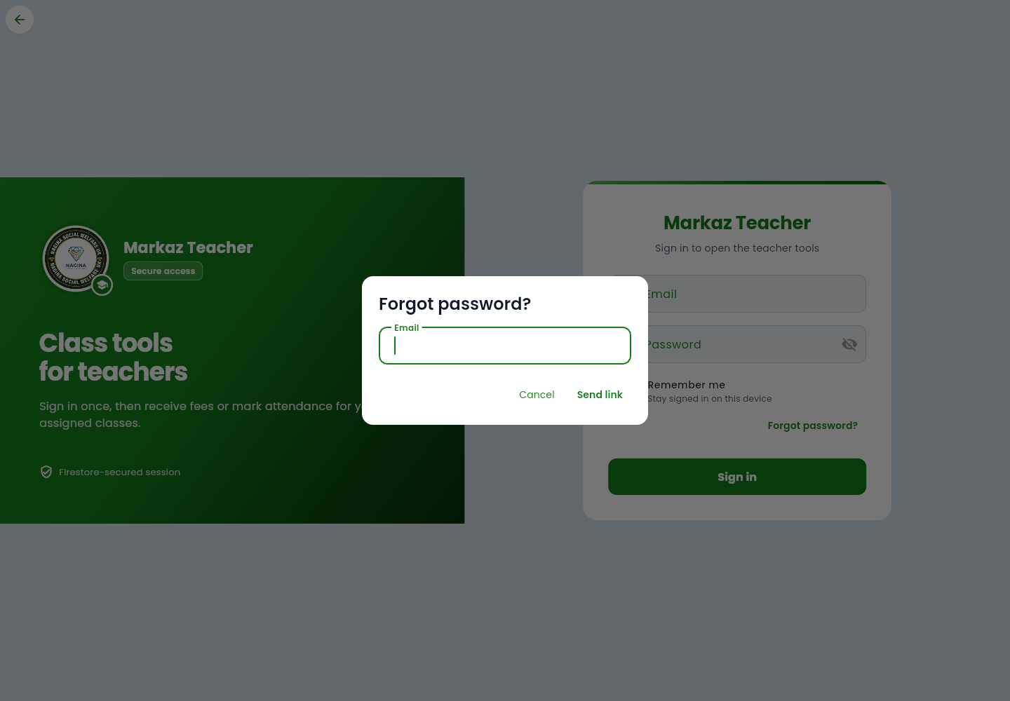 Forgot password dialog asking for email, with Cancel and Send link.