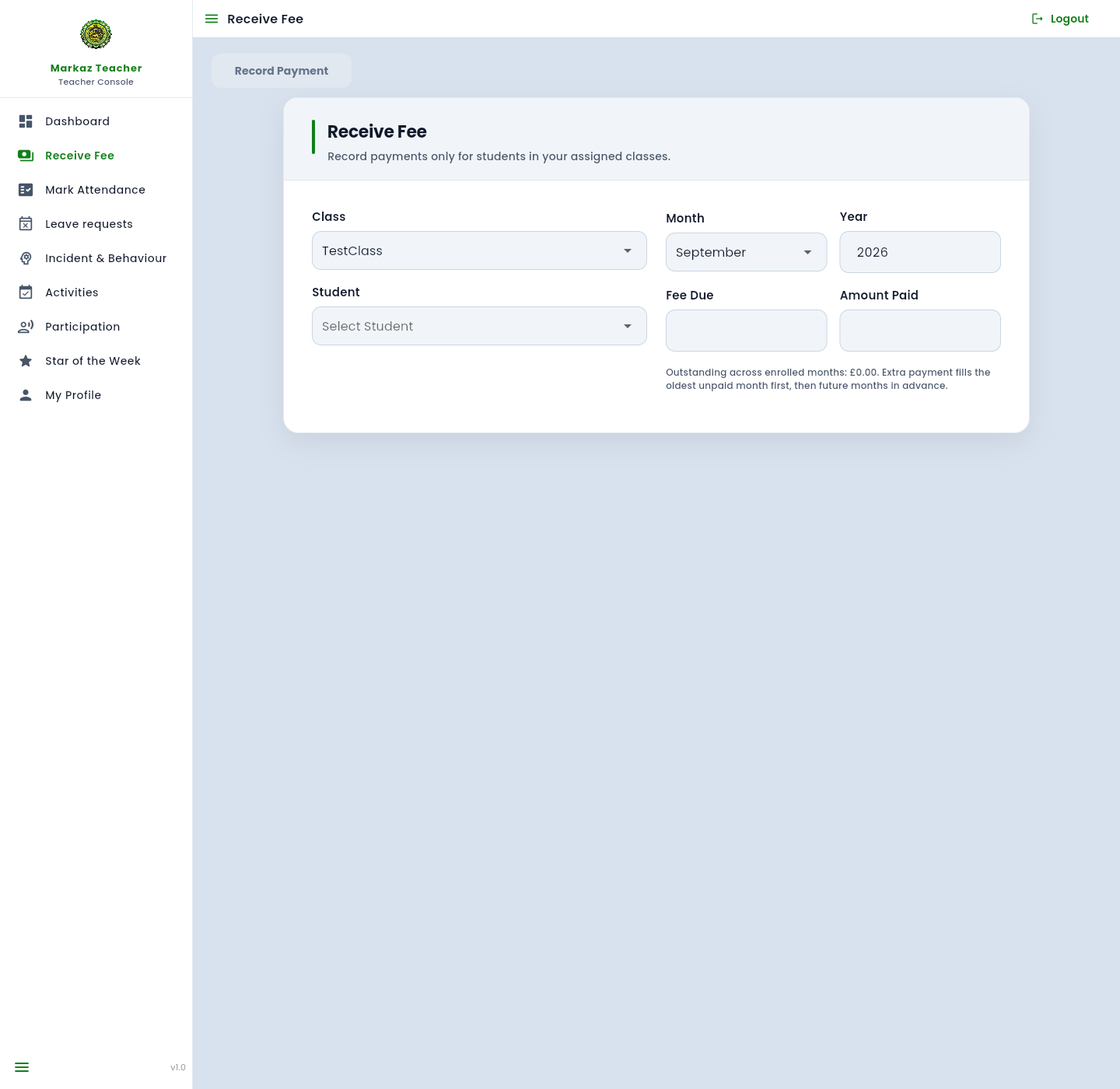 Receive Fee page with class, month, year, and student selectors.