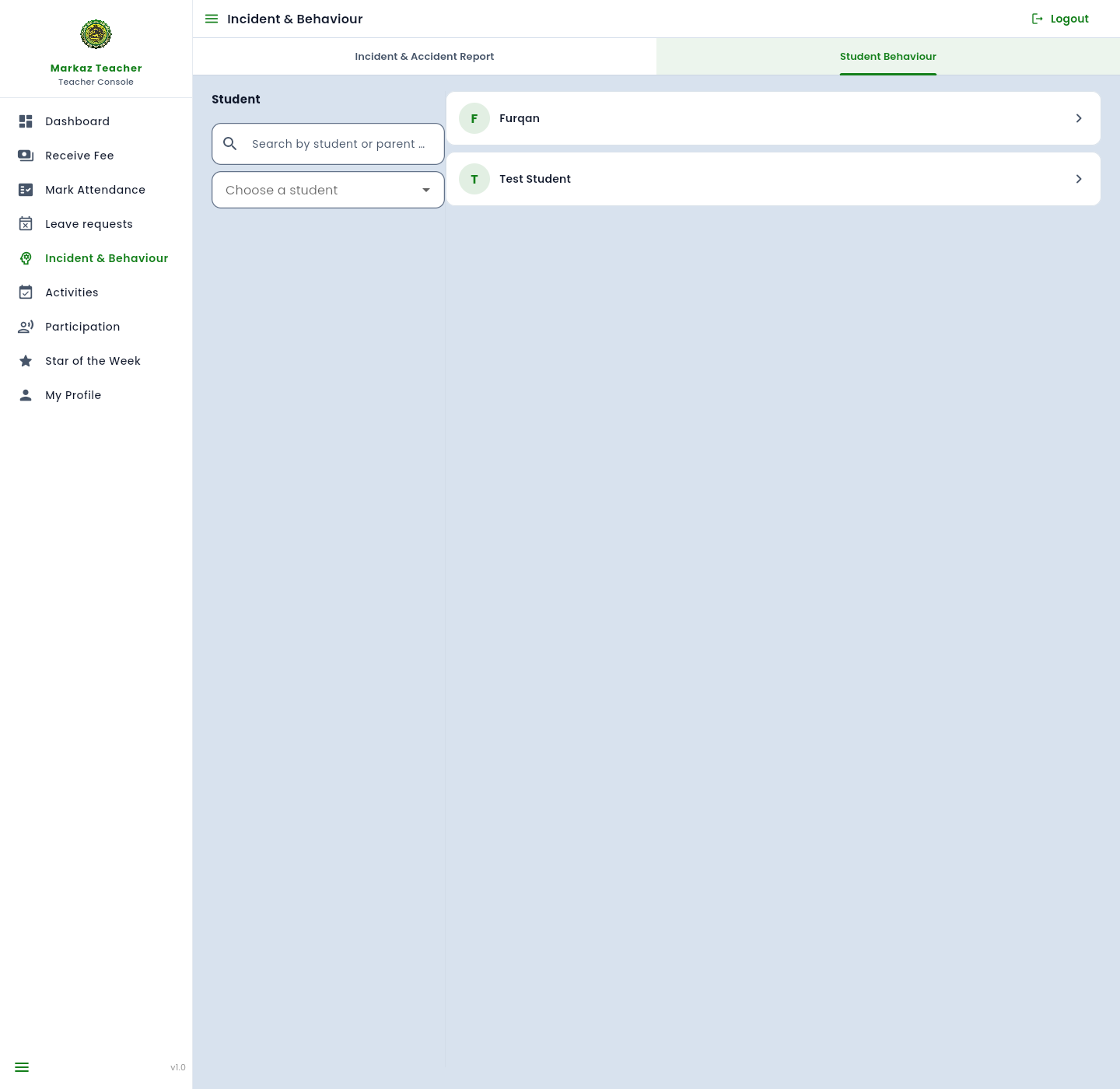 Student Behaviour tab with a student picker listing Furqan and Test Student.