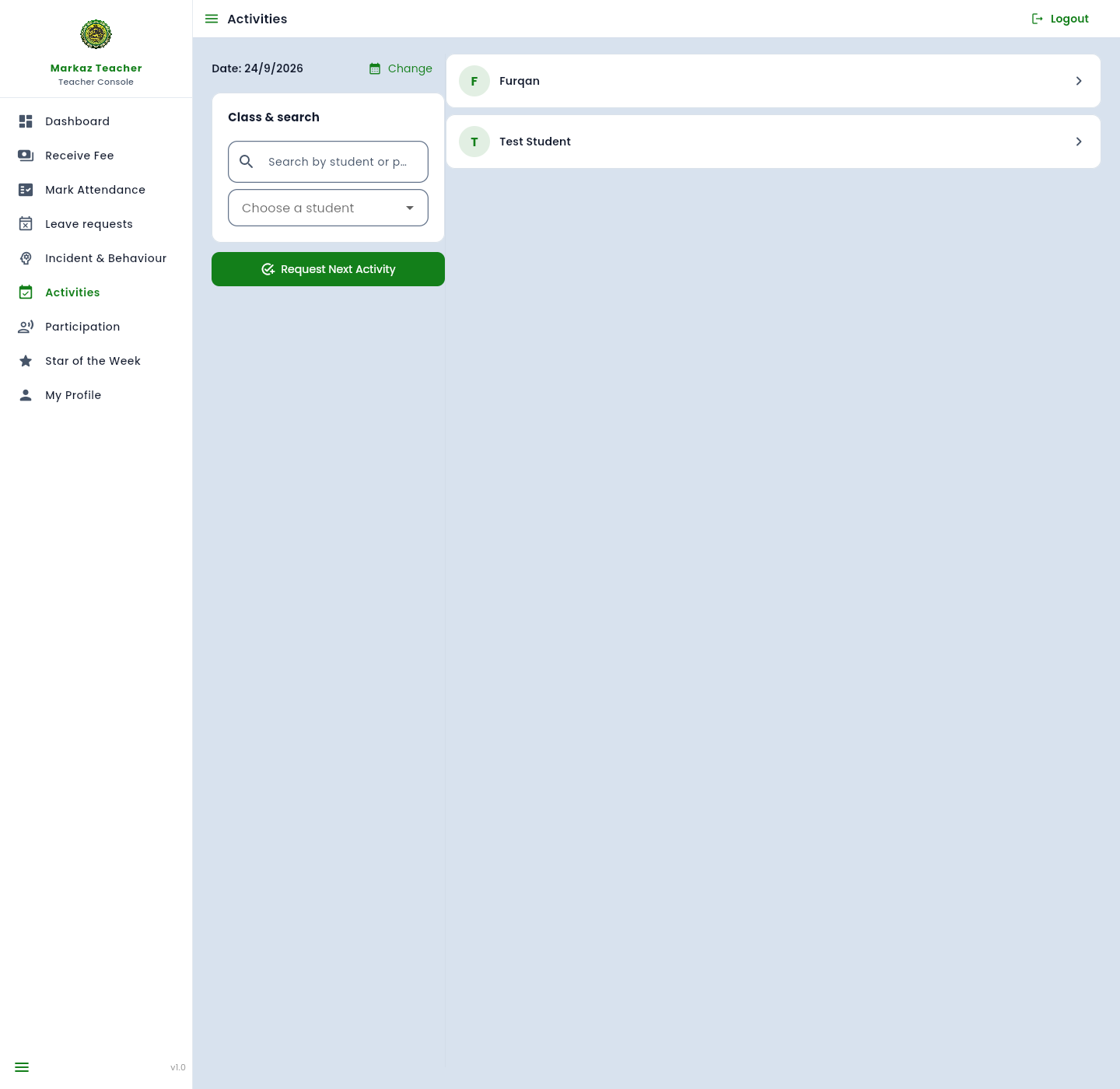 Activities page with date, class search, and a student picker.