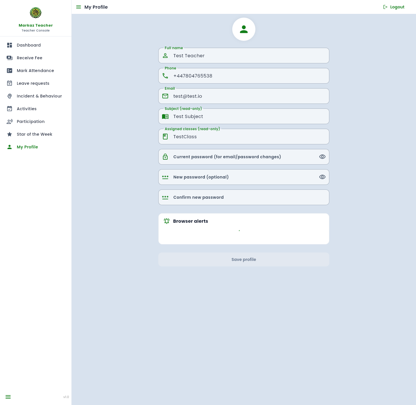My Profile form with name, phone, email, subject, assigned classes, and password fields.