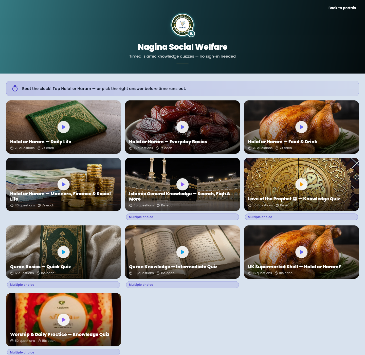 Islamic Quiz hub listing Halal or Haram and knowledge quiz packs.
