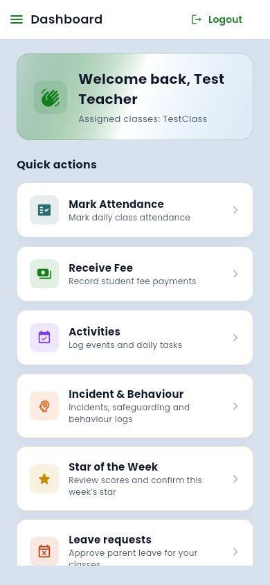Phone layout of the teacher Dashboard with quick action tiles and a Menu button.