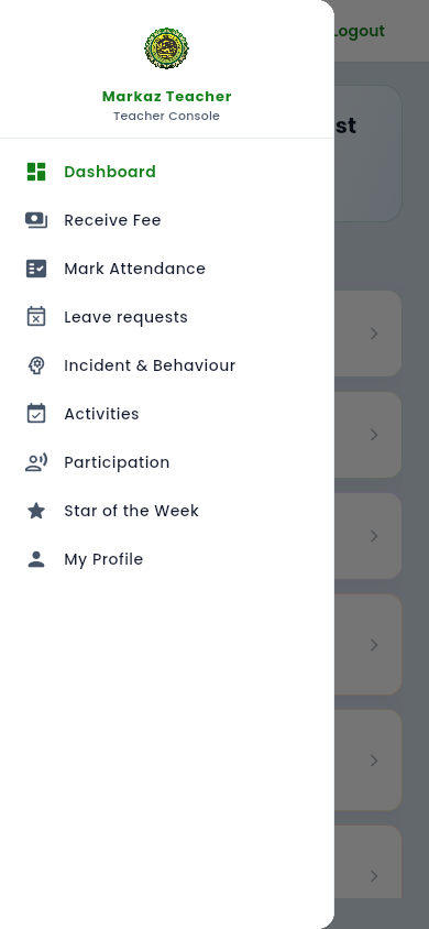 Phone menu drawer listing Dashboard, Receive Fee, Mark Attendance, and the other teacher pages.