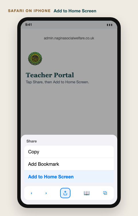 Guide to Safari on iPhone with Add to Home Screen highlighted in the share sheet.